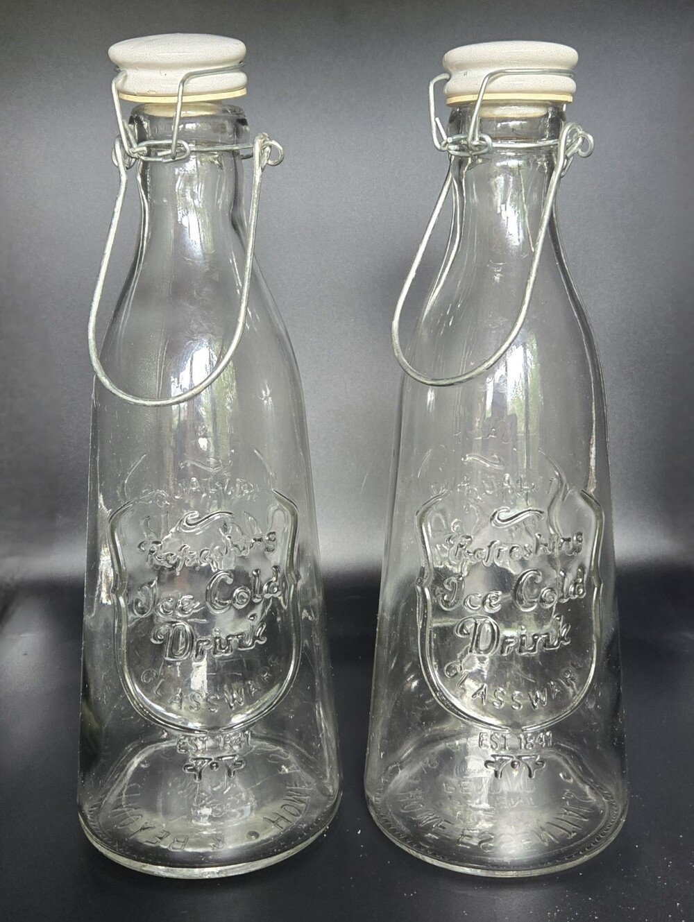2x Home Essentials Porcelain Top Glass Bottle Retro 'Refreshing Ice Cold Drink'